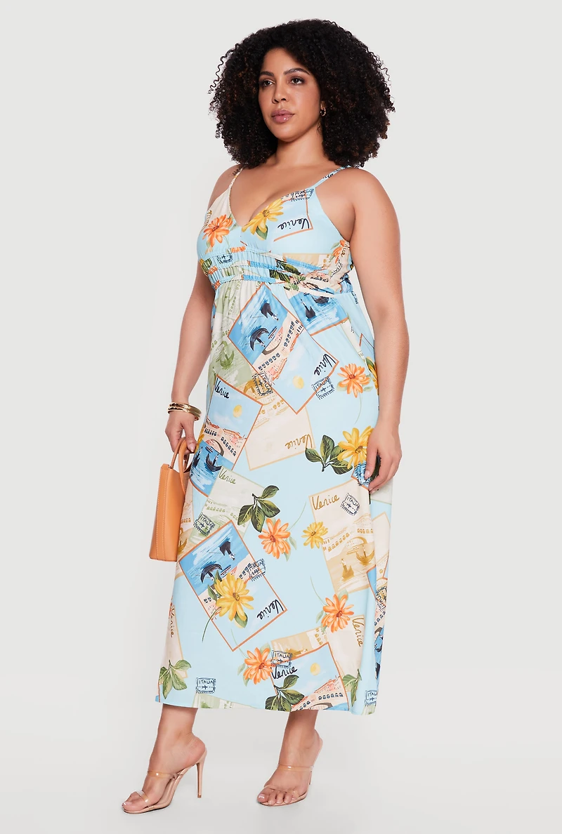 Plus Postcard Print Cami Maxi Dress