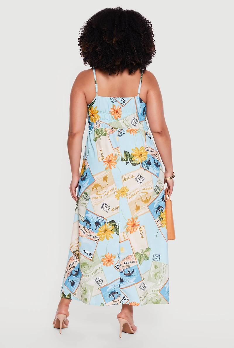 Plus Postcard Print Cami Maxi Dress
