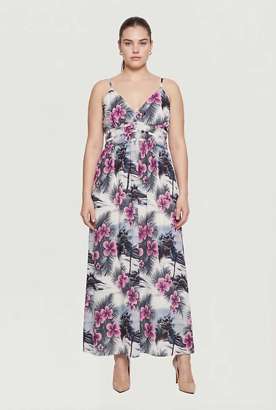 Plus Tropical Floral Print Sleeveless Maxi Dress