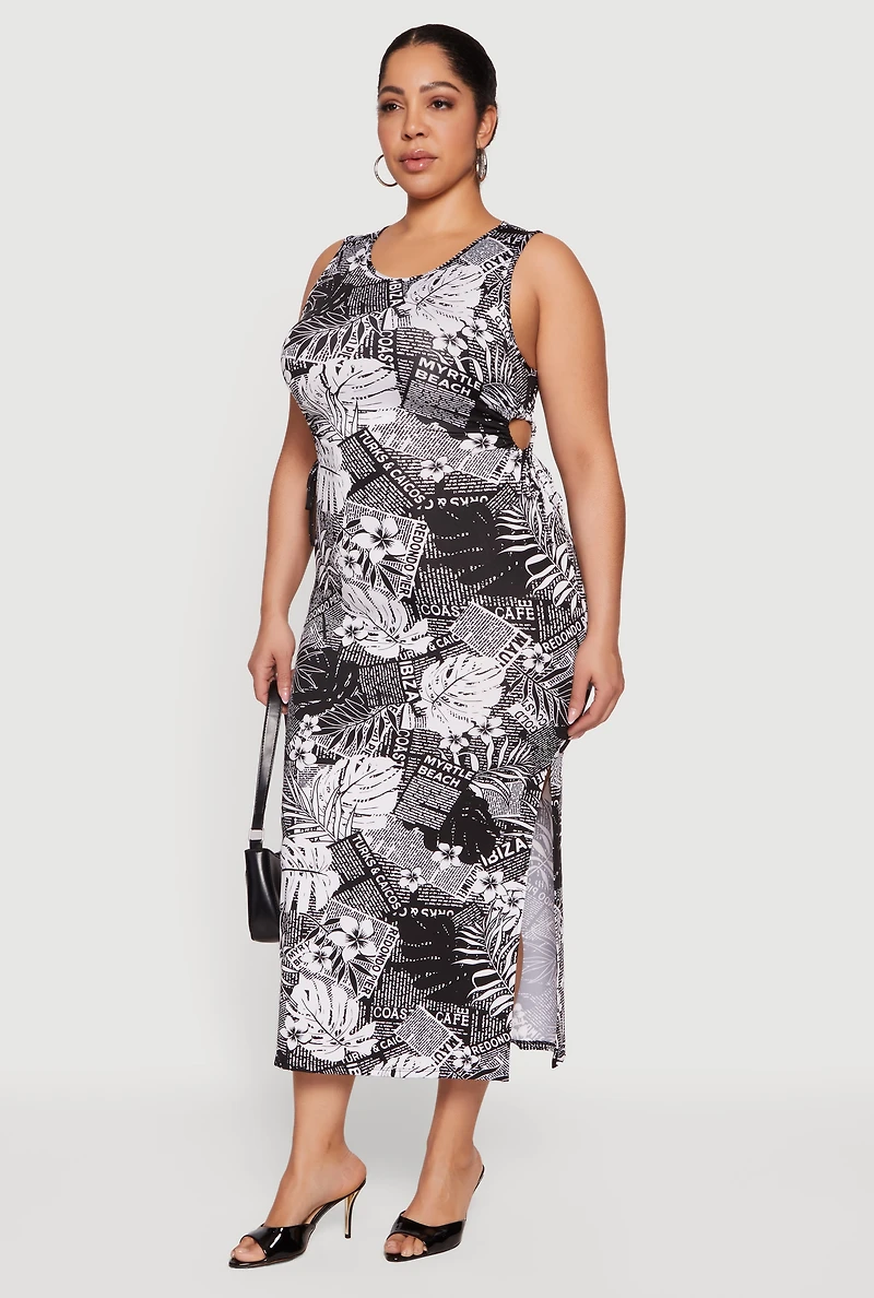 Plus Patterned Drawstring Keyhole Side Dress