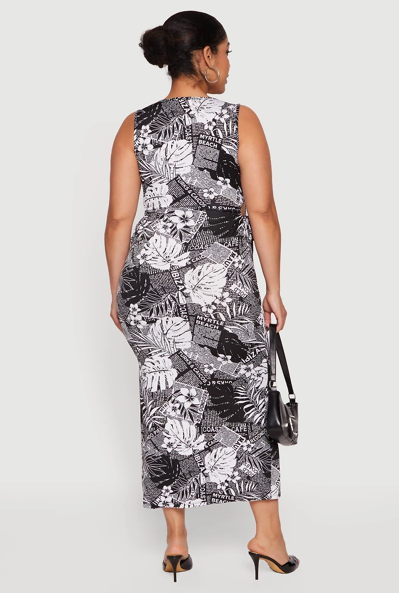 Plus Patterned Drawstring Keyhole Side Dress