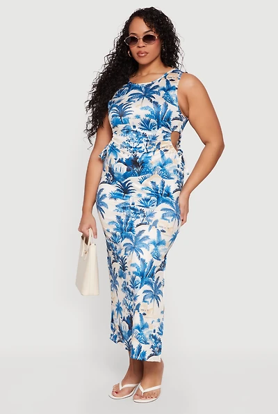 Plus Tropical Print Side Slit Maxi Dress