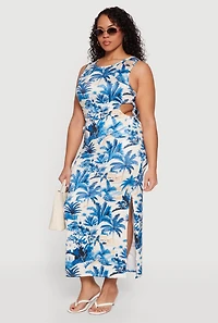 Plus Tropical Print Side Slit Maxi Dress