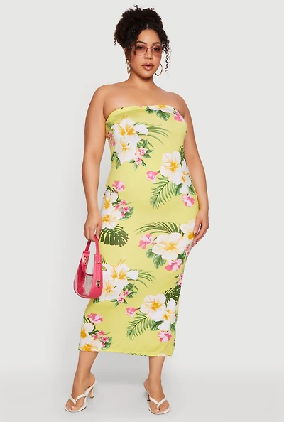 Plus Tropical Floral Slit Back Maxi Tube Dress