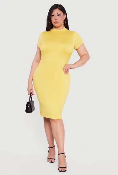 Plus Short Sleeve Mock Neck Midi Dress