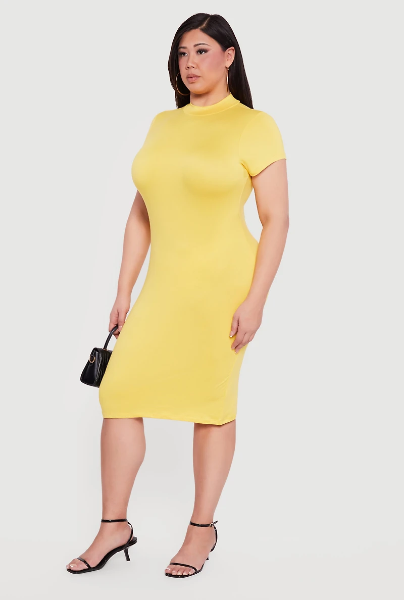 Plus Short Sleeve Mock Neck Midi Dress