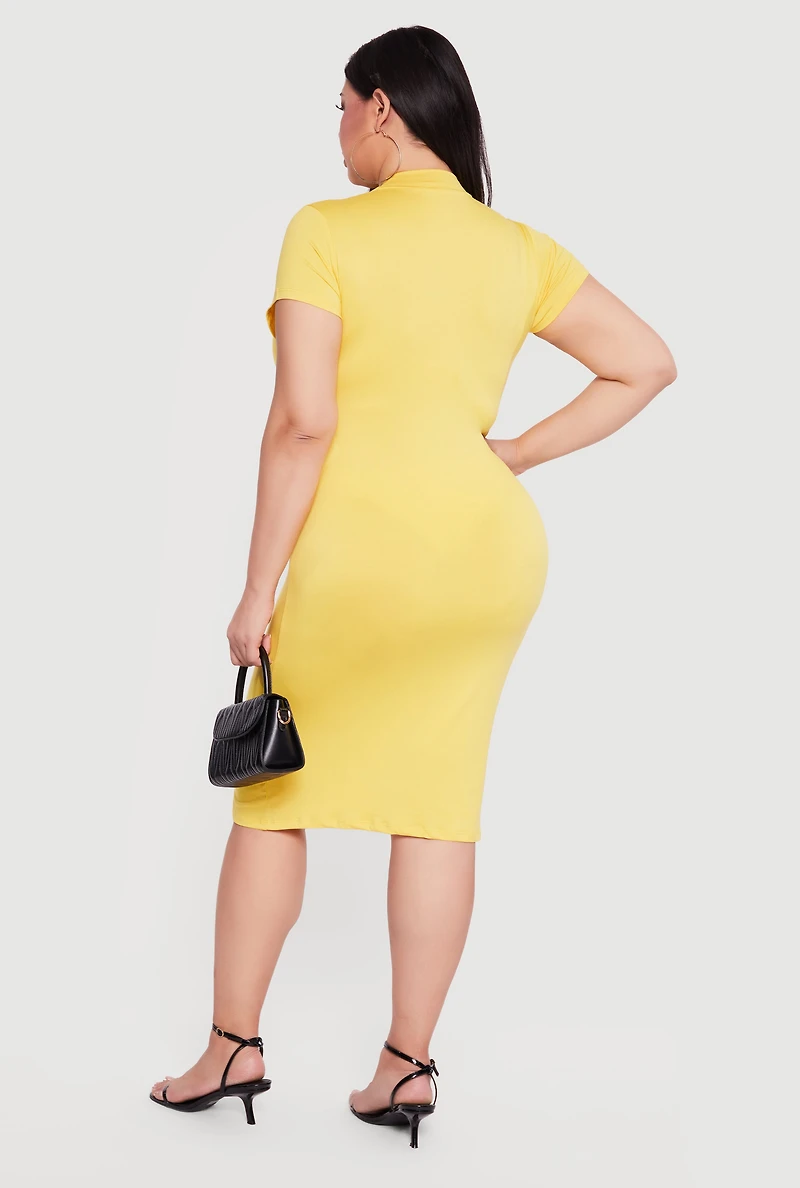Plus Short Sleeve Mock Neck Midi Dress