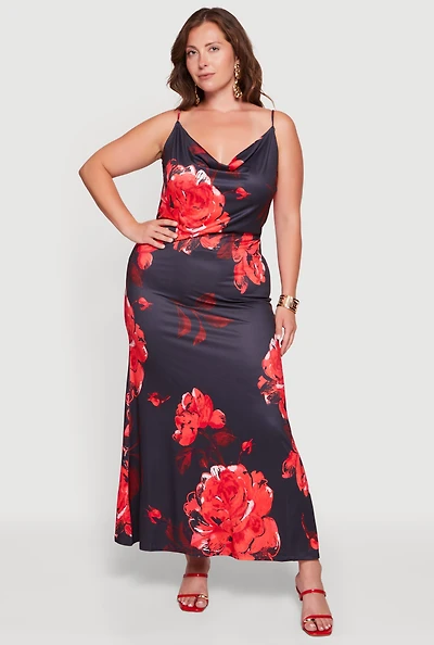 Plus Floral Cowl Neck Ruched Detail Mermaid Dress