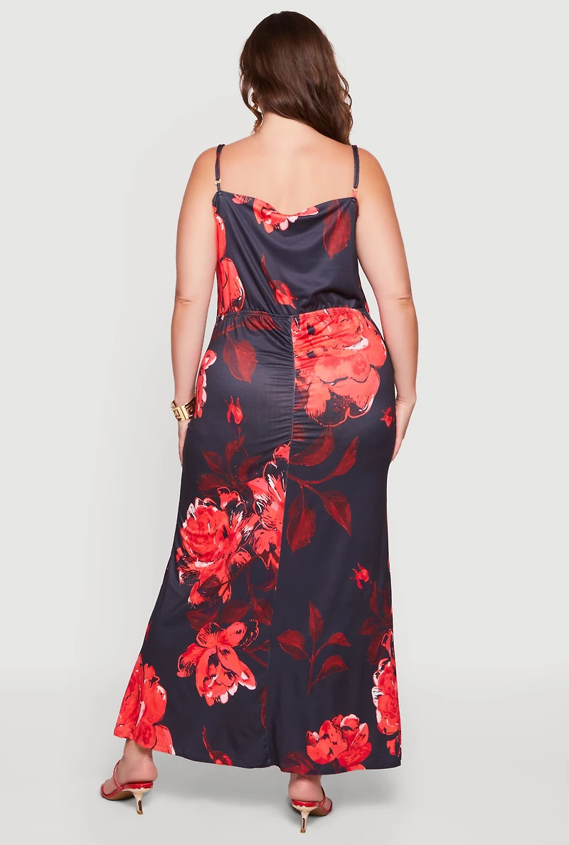 Plus Floral Cowl Neck Ruched Detail Mermaid Dress