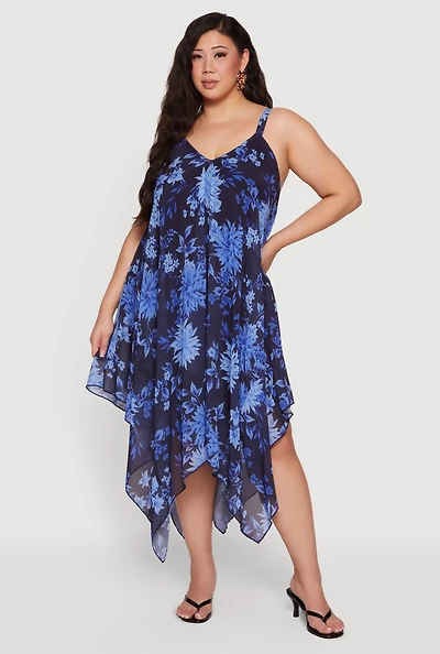 Plus Floral Print Sharkbite Hem Chiffon Dress