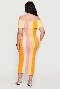 Plus Striped Crochet Fold Over Off The Shoulder Dress