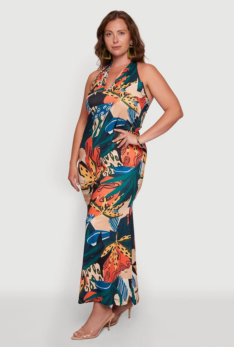 Plus Patterned Side Slit Halter Maxi Dress