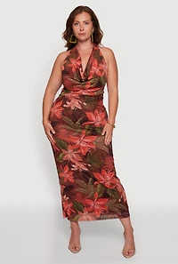Plus Tropical Floral Print Mesh Cowl Neck Halter Dress