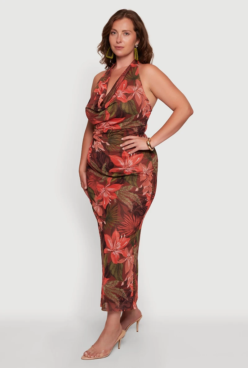 Plus Tropical Floral Print Mesh Cowl Neck Halter Dress
