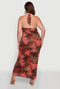Plus Tropical Floral Print Mesh Cowl Neck Halter Dress