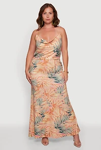 Plus Tropical Palm Leaf Print Cowl Neck Maxi Dress