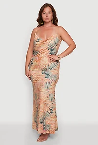 Plus Tropical Palm Leaf Print Cowl Neck Maxi Dress