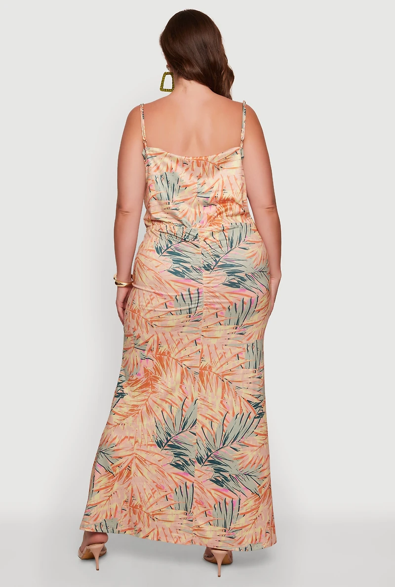 Plus Tropical Palm Leaf Print Cowl Neck Maxi Dress