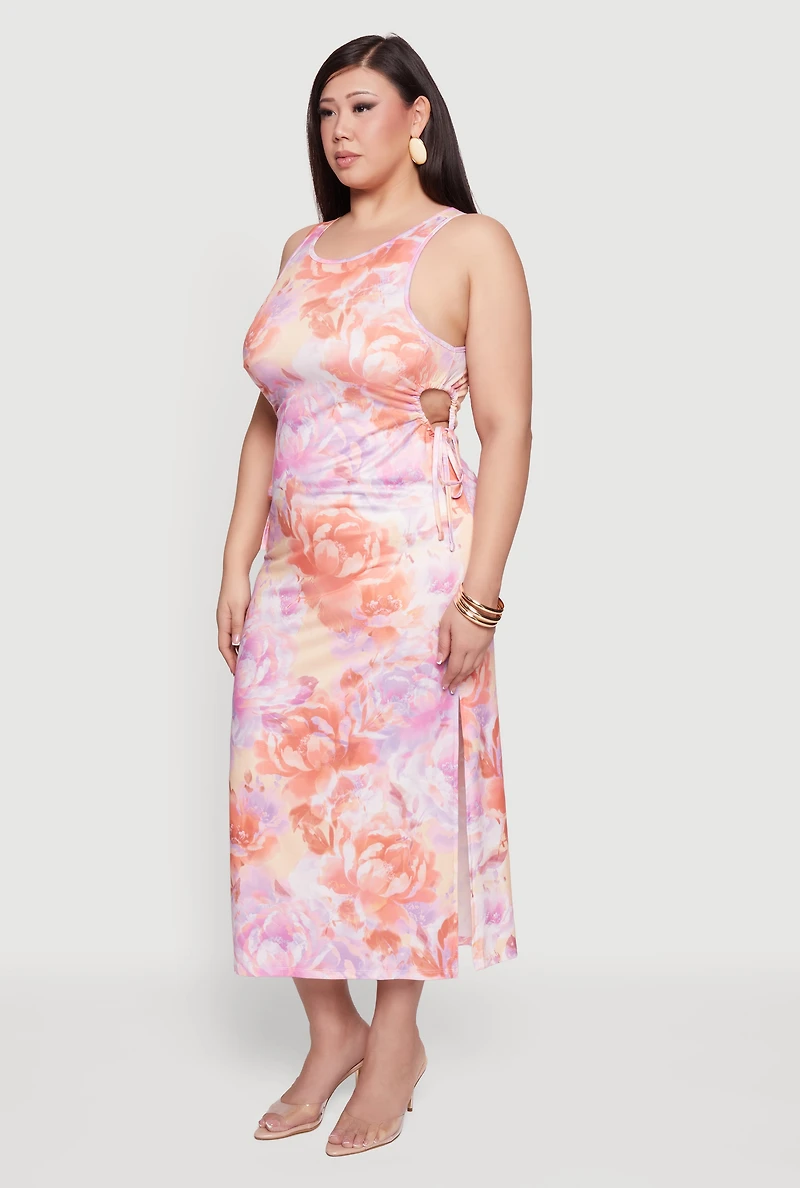Plus Floral Print Side Slit Cut Out Detail Dress