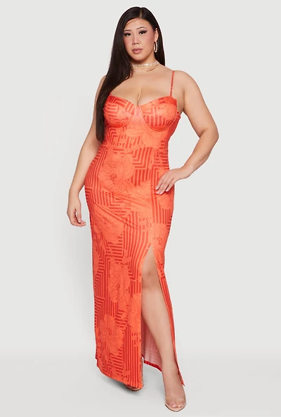 Plus Floral Geometric Striped Bustier Maxi Dress