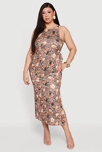 Plus Floral Animal Print Side Slit Cut Out Detail Dress