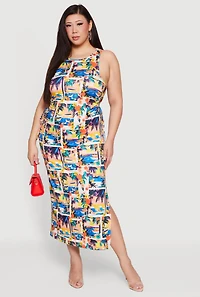 Plus Tropical Vacation Print Maxi Tank Dress