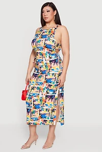 Plus Tropical Vacation Print Maxi Tank Dress