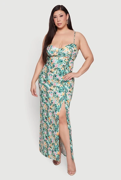 Plus Tropical Floral Side Slit Bustier Maxi Dress