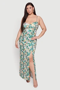 Plus Tropical Floral Side Slit Bustier Maxi Dress