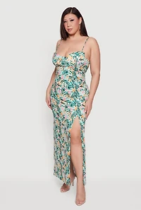Plus Tropical Floral Side Slit Bustier Maxi Dress