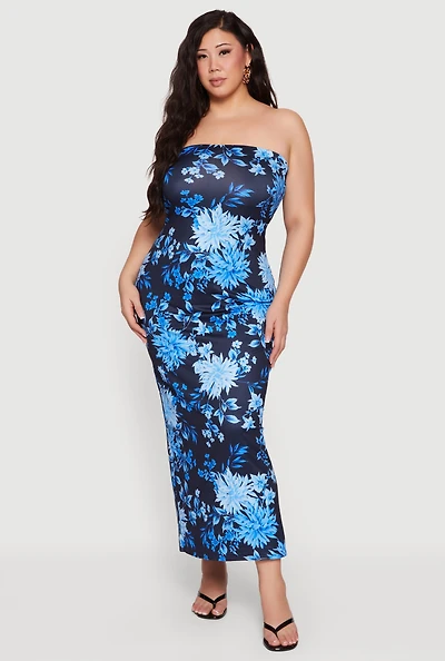 Plus Floral Slit Back Tube Maxi Dress