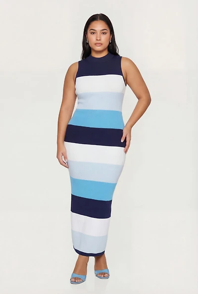 Plus Striped Sleeveless Mock Neck Sweater Dress