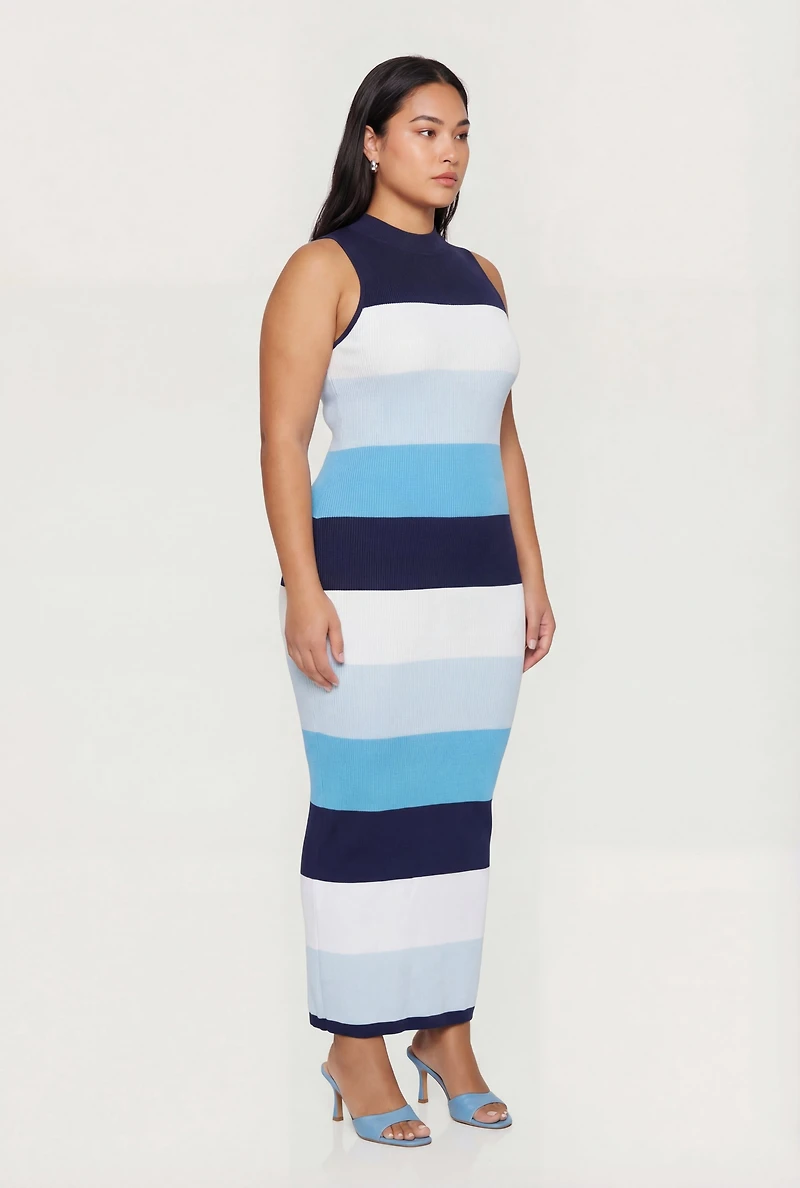 Plus Striped Sleeveless Mock Neck Sweater Dress
