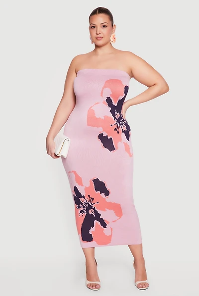 Plus Abstract Floral Print Zip Back Tube Dress