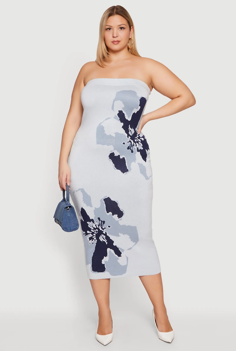 Plus Abstract Floral Print Zip Back Tube Dress