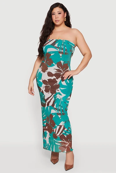 Plus Tropical Floral Mesh Tube Maxi Dress