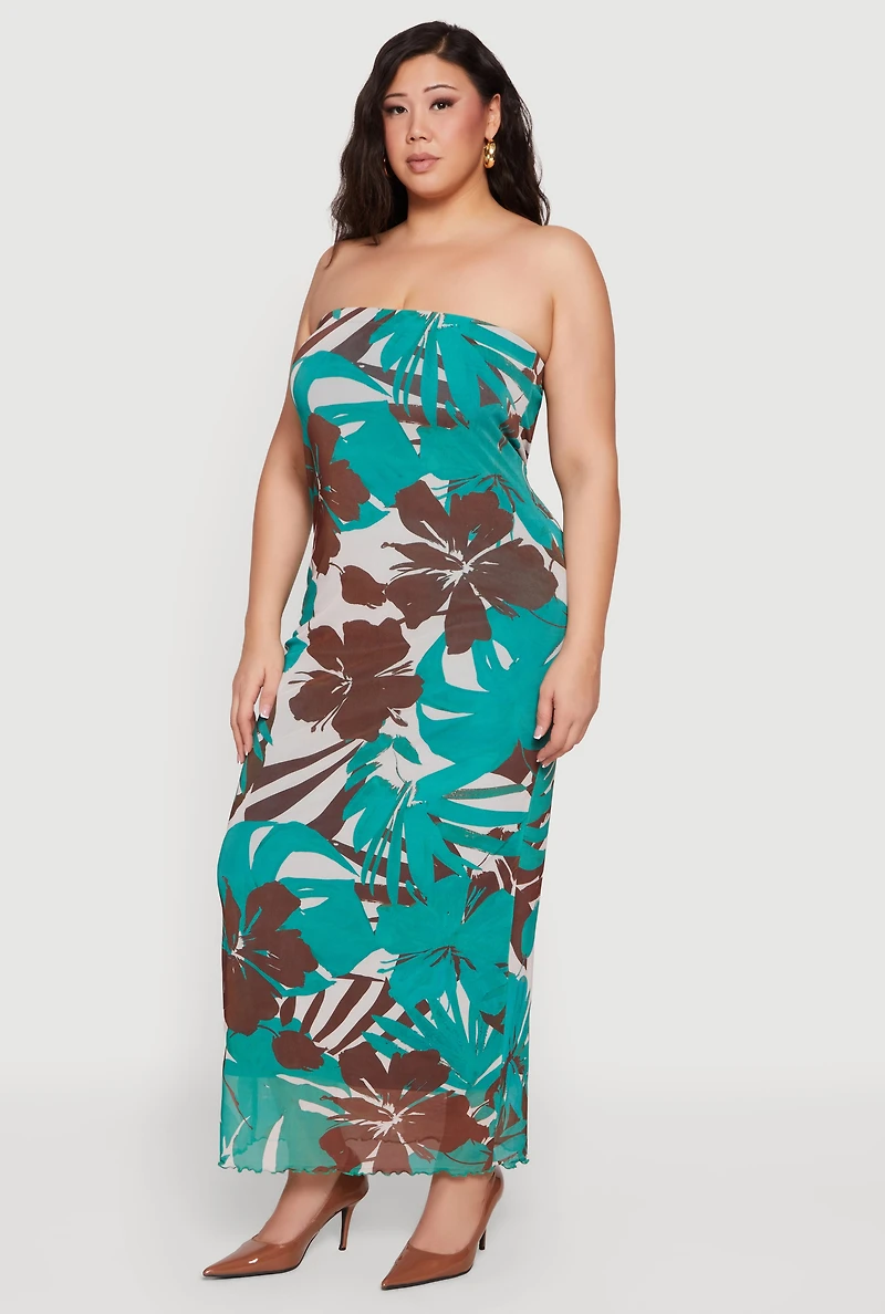 Plus Tropical Floral Mesh Tube Maxi Dress