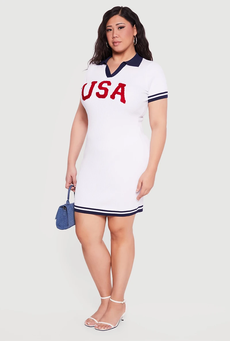 Plus USA Graphic Short Sleeve Polo Sweater Dress