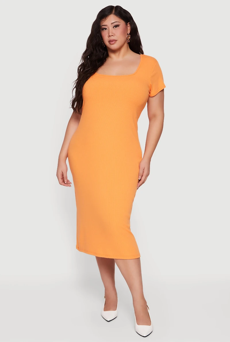 Plus Rib Knit Square Neck Midi Dress