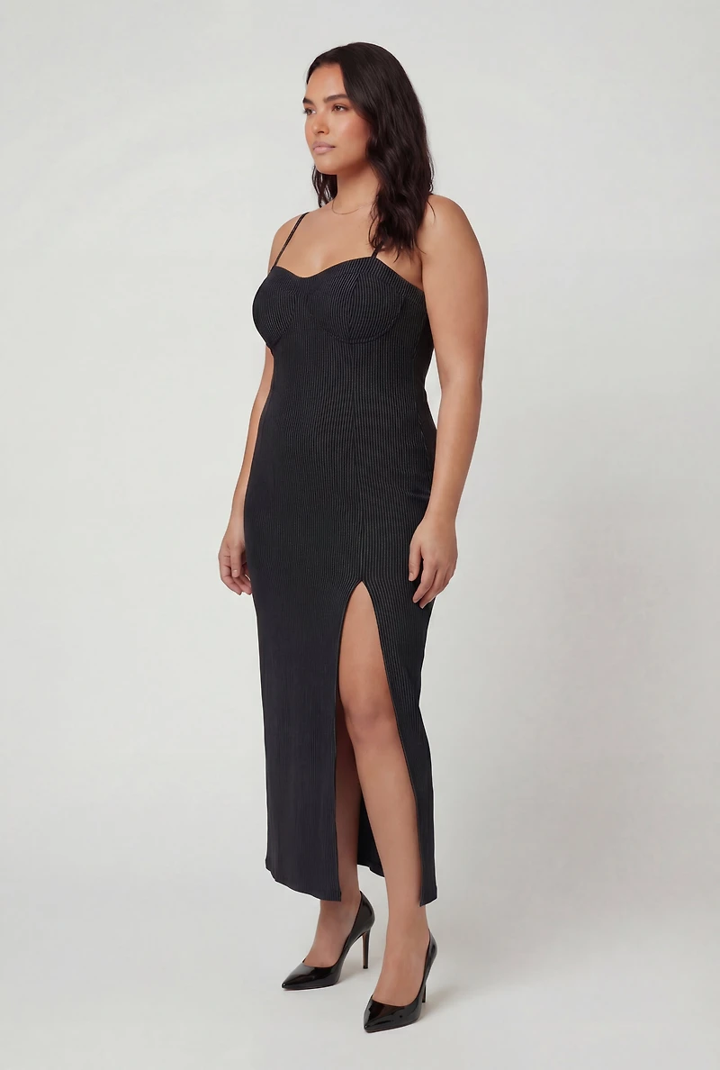 Plus Ribbed Knit Front Slit Bustier Dress