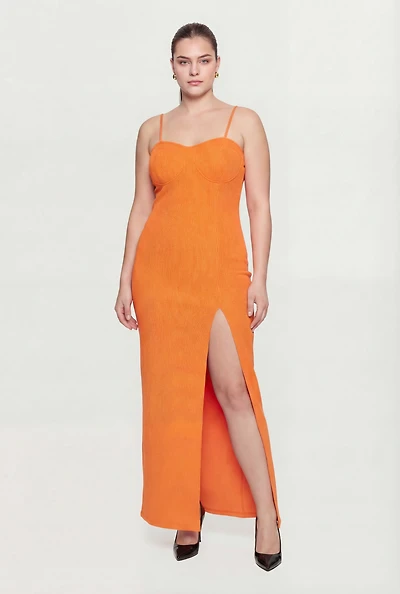 Plus Ribbed Knit Front Slit Bustier Dress