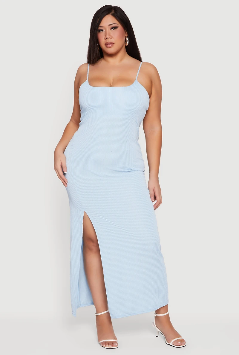 Plus Shelf Bra Ribbed Knit Side Slit Dress