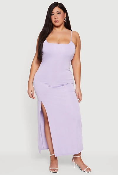 Plus Shelf Bra Ribbed Knit Side Slit Dress