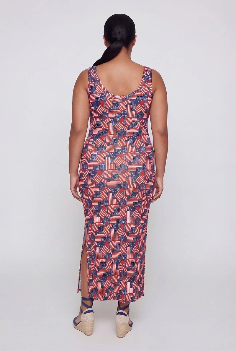 Plus American Flag All Over Print Tank Maxi Dress
