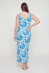 Plus Printed Pattern Side Slit Rib Knit Maxi Dress