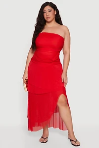 Plus Mesh Twist Tie Front Tiered Tube Dress