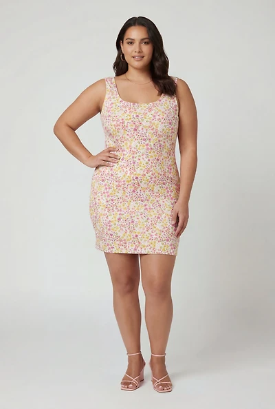 Plus Floral Rib Knit Mini Tank Dress