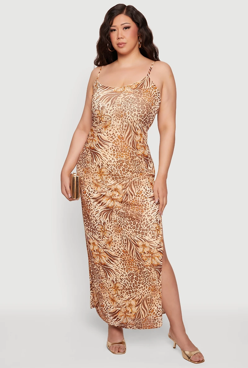 Plus Floral and Animal Print Cami Maxi Dress