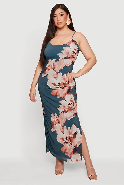 Plus Floral Print Side Slit Maxi Dress
