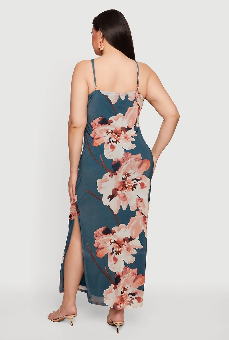 Plus Floral Print Side Slit Maxi Dress